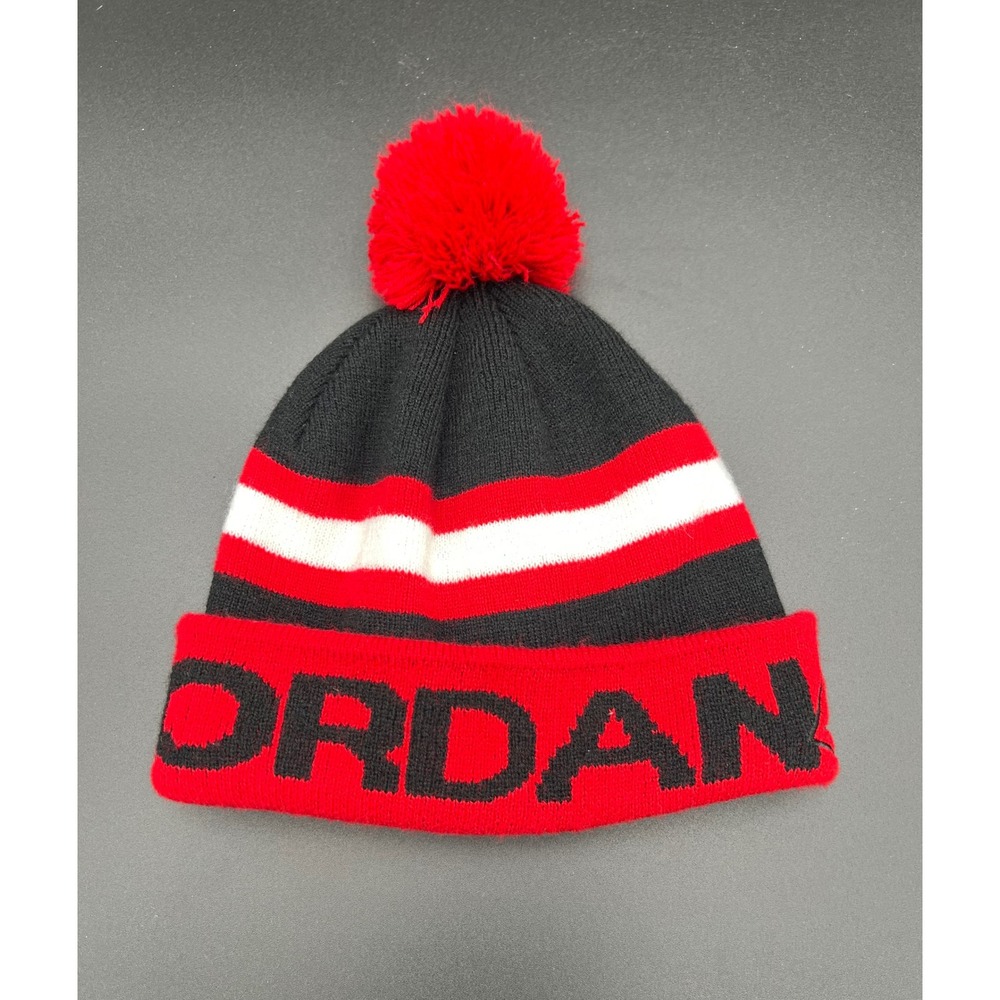 Jordan Youth Cuffed Pom Beanie Hat Black Red White Striped 1543-KR5 Basketball